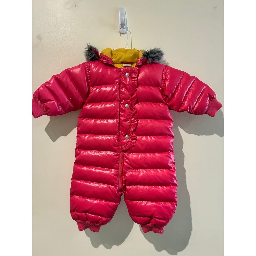 Hanna Andersson Pink Puffer Snowsuit Down Fill Faux Fur Hood Size 80 (12-18M)